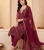 Women Bandhani Printed Regular Thread Work Kurta with Trousers & With Dupatta