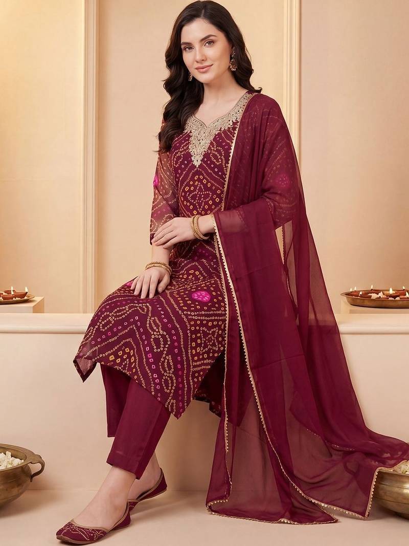 Women Bandhani Printed Regular Thread Work Kurta with Trousers & With Dupatta