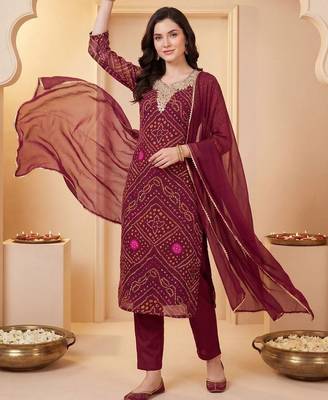 Women Bandhani Printed Regular Thread Work Kurta with Trousers & With Dupatta 2