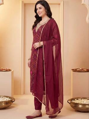 Women Bandhani Printed Regular Thread Work Kurta with Trousers & With Dupatta 4