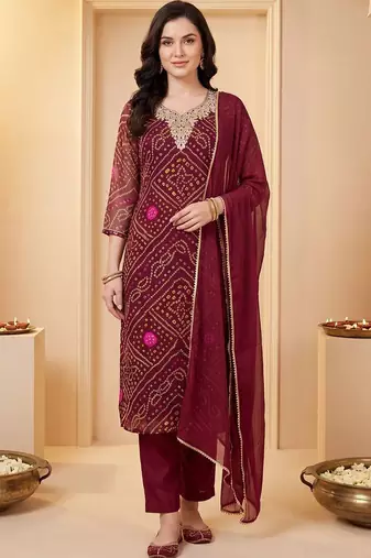 Women Bandhani Printed Regular Thread Work Kurta with Trousers & With Dupatta
