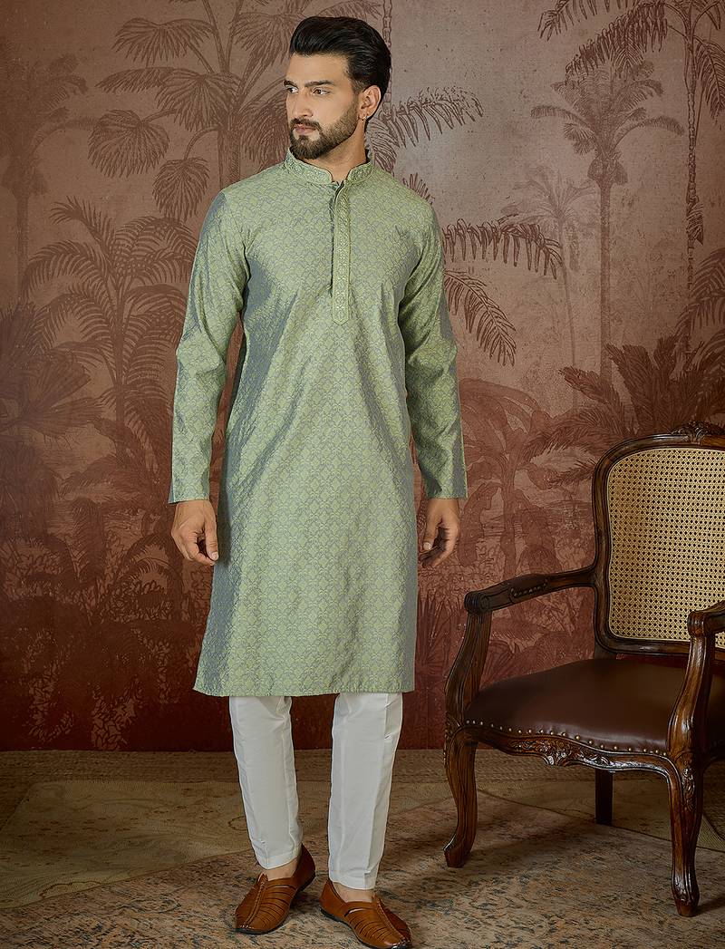 Mens green jacquard solid embroidered kurta with trouser
