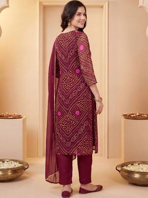 Women Bandhani Printed Regular Thread Work Kurta with Trousers & With Dupatta 6