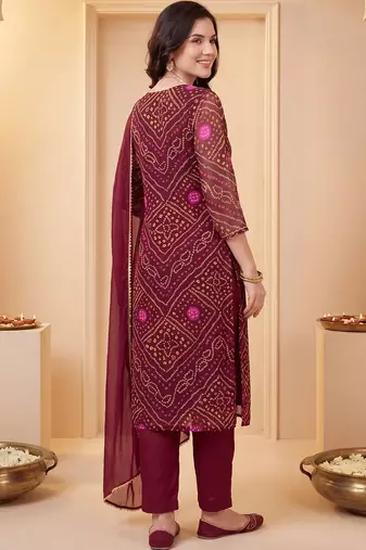 Women Bandhani Printed Regular Thread Work Kurta with Trousers & With Dupatta