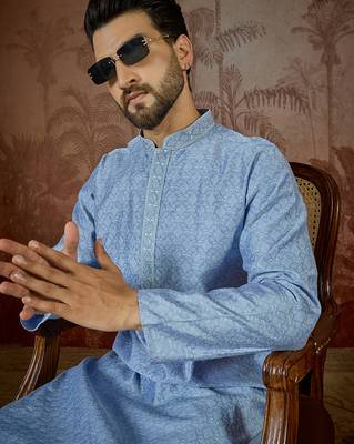 Mens blue jacquard solid embroidered kurta with trouser 2