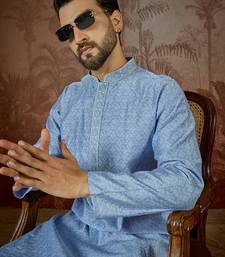 Mens blue jacquard solid embroidered kurta with trouser