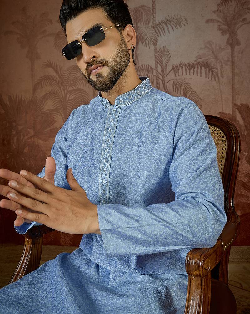Mens blue jacquard solid embroidered kurta with trouser