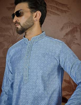 Mens blue jacquard solid embroidered kurta with trouser 3
