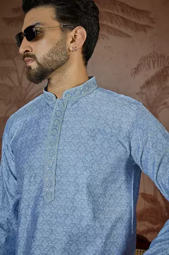 Mens blue jacquard solid embroidered kurta with trouser