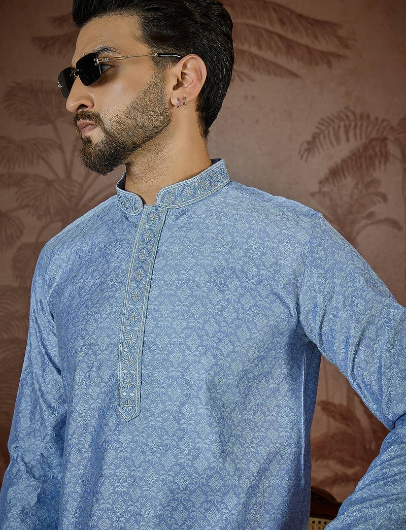 Mens blue jacquard solid embroidered kurta with trouser