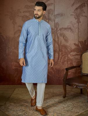 Mens blue jacquard solid embroidered kurta with trouser 1