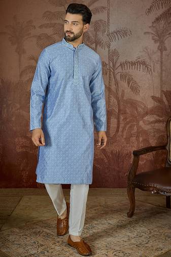 Mens blue jacquard solid embroidered kurta with trouser