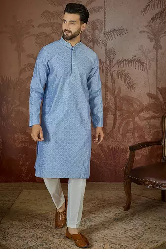 Mens blue jacquard solid embroidered kurta with trouser