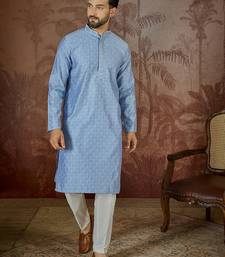 Mens blue jacquard solid embroidered kurta with trouser