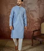 Mens blue jacquard solid embroidered kurta with trouser