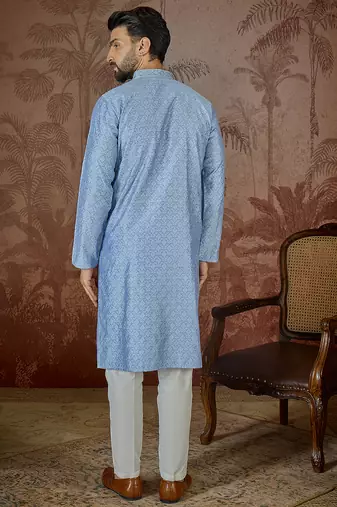 Mens blue jacquard solid embroidered kurta with trouser