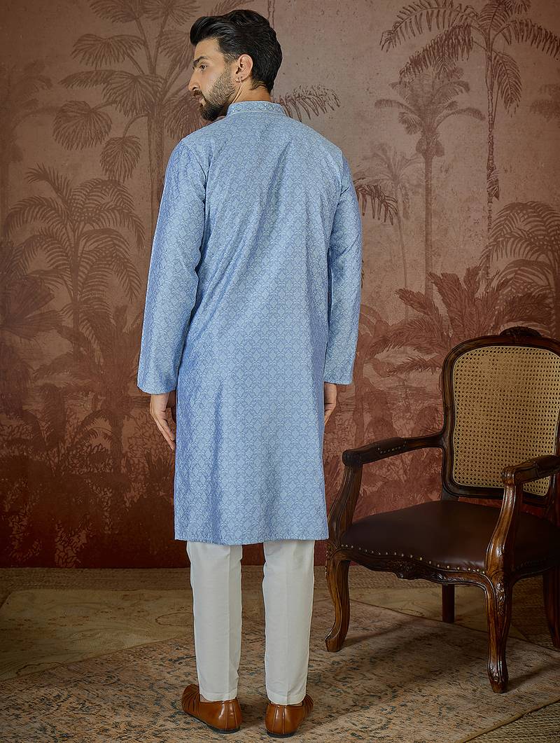 Mens blue jacquard solid embroidered kurta with trouser