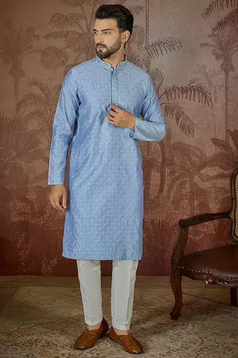 Mens blue jacquard solid embroidered kurta with trouser