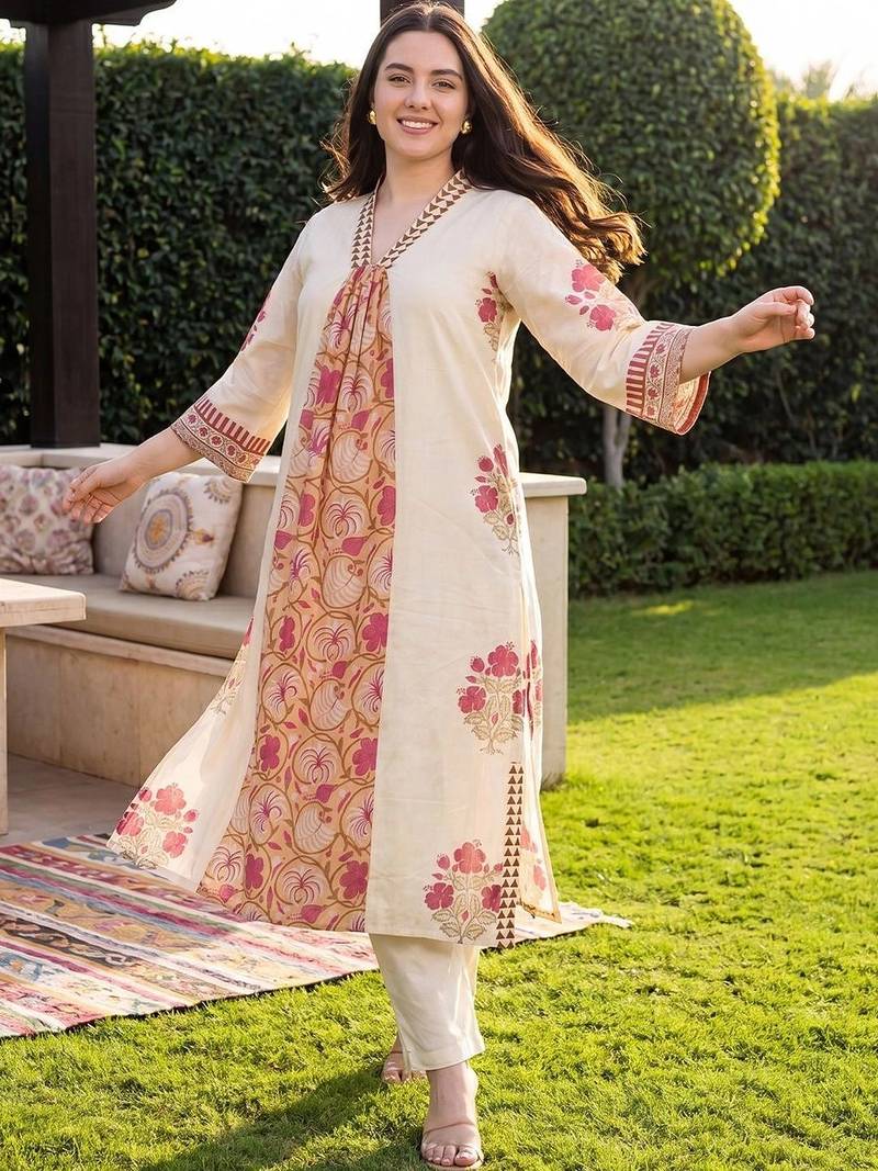 Women Floral Printed Empire Pure Cotton Kurta with Trousers