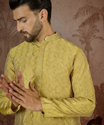 Mens yellow jacquard solid embroidered kurta with trouser 2
