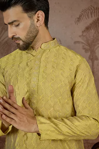 Mens yellow jacquard solid embroidered kurta with trouser