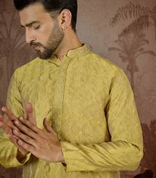 Mens yellow jacquard solid embroidered kurta with trouser
