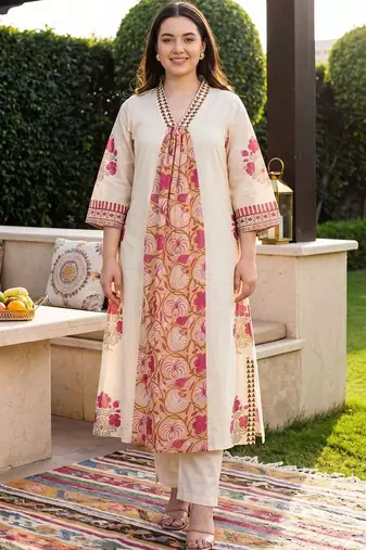 Women Floral Printed Empire Pure Cotton Kurta with Trousers