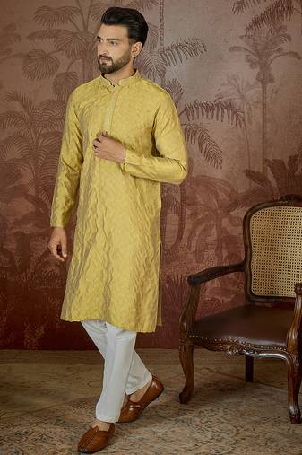 Mens yellow jacquard solid embroidered kurta with trouser