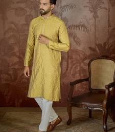 Mens yellow jacquard solid embroidered kurta with trouser