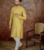 Mens yellow jacquard solid embroidered kurta with trouser