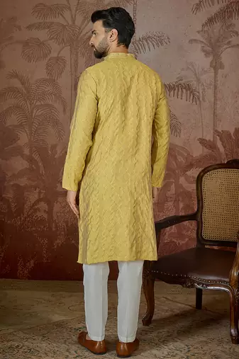 Mens yellow jacquard solid embroidered kurta with trouser