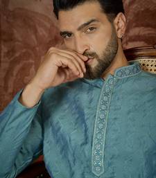 Mens teal jacquard solid embroidered kurta with trouser
