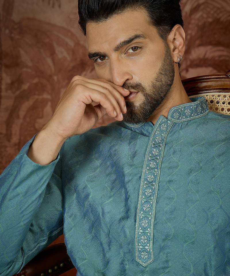 Mens teal jacquard solid embroidered kurta with trouser