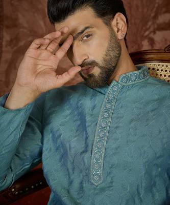 Mens teal jacquard solid embroidered kurta with trouser 3