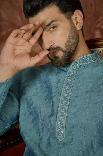 Mens teal jacquard solid embroidered kurta with trouser