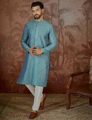Mens teal jacquard solid embroidered kurta with trouser 1