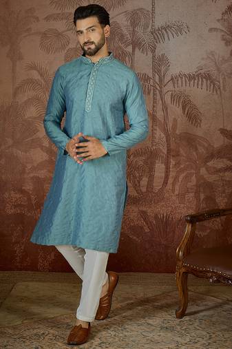 Mens teal jacquard solid embroidered kurta with trouser
