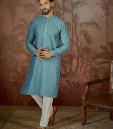 Mens teal jacquard solid embroidered kurta with trouser