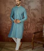 Mens teal jacquard solid embroidered kurta with trouser