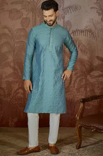 Mens teal jacquard solid embroidered kurta with trouser