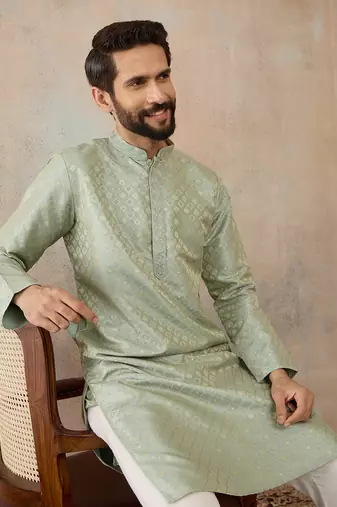 Mens teal jacquard ethnic motifs embroidered kurta with trouser