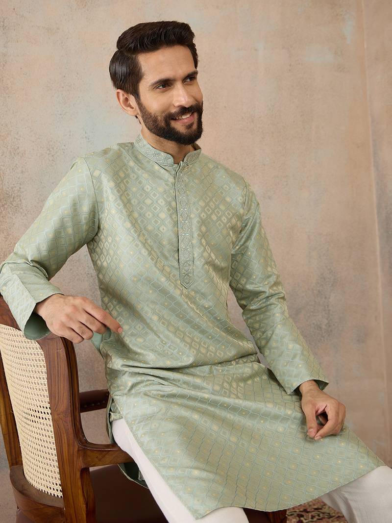 Mens teal jacquard ethnic motifs embroidered kurta with trouser