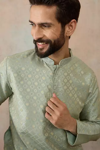 Mens teal jacquard ethnic motifs embroidered kurta with trouser