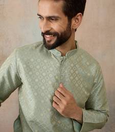 Mens teal jacquard ethnic motifs embroidered kurta with trouser