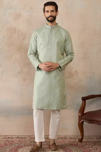Mens teal jacquard ethnic motifs embroidered kurta with trouser