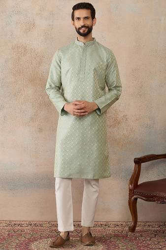 Mens teal jacquard ethnic motifs embroidered kurta with trouser