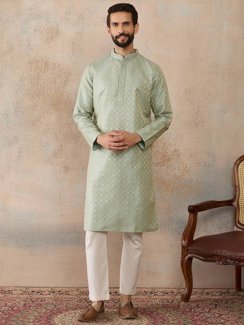 Mens teal jacquard ethnic motifs embroidered kurta with trouser