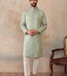 Mens teal jacquard ethnic motifs embroidered kurta with trouser