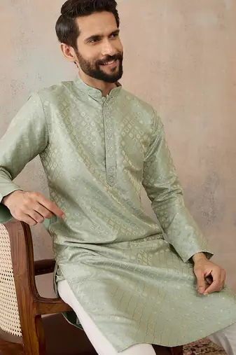 Mens teal jacquard ethnic motifs embroidered kurta with trouser
