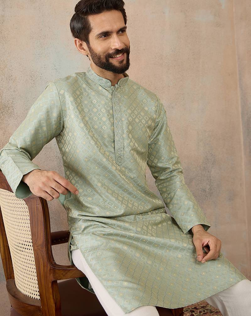 Mens teal jacquard ethnic motifs embroidered kurta with trouser